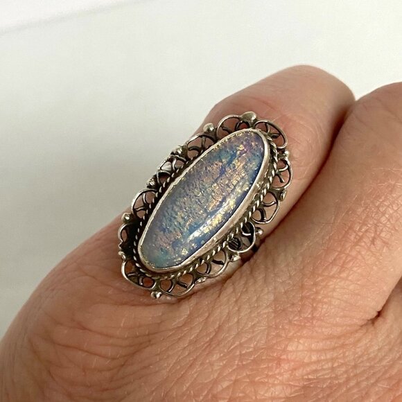 VTG Sterling Silver 925 Elongated Foil Opal Filigree Scrollwork Ring Sz 4.75 - Picture 4 of 16